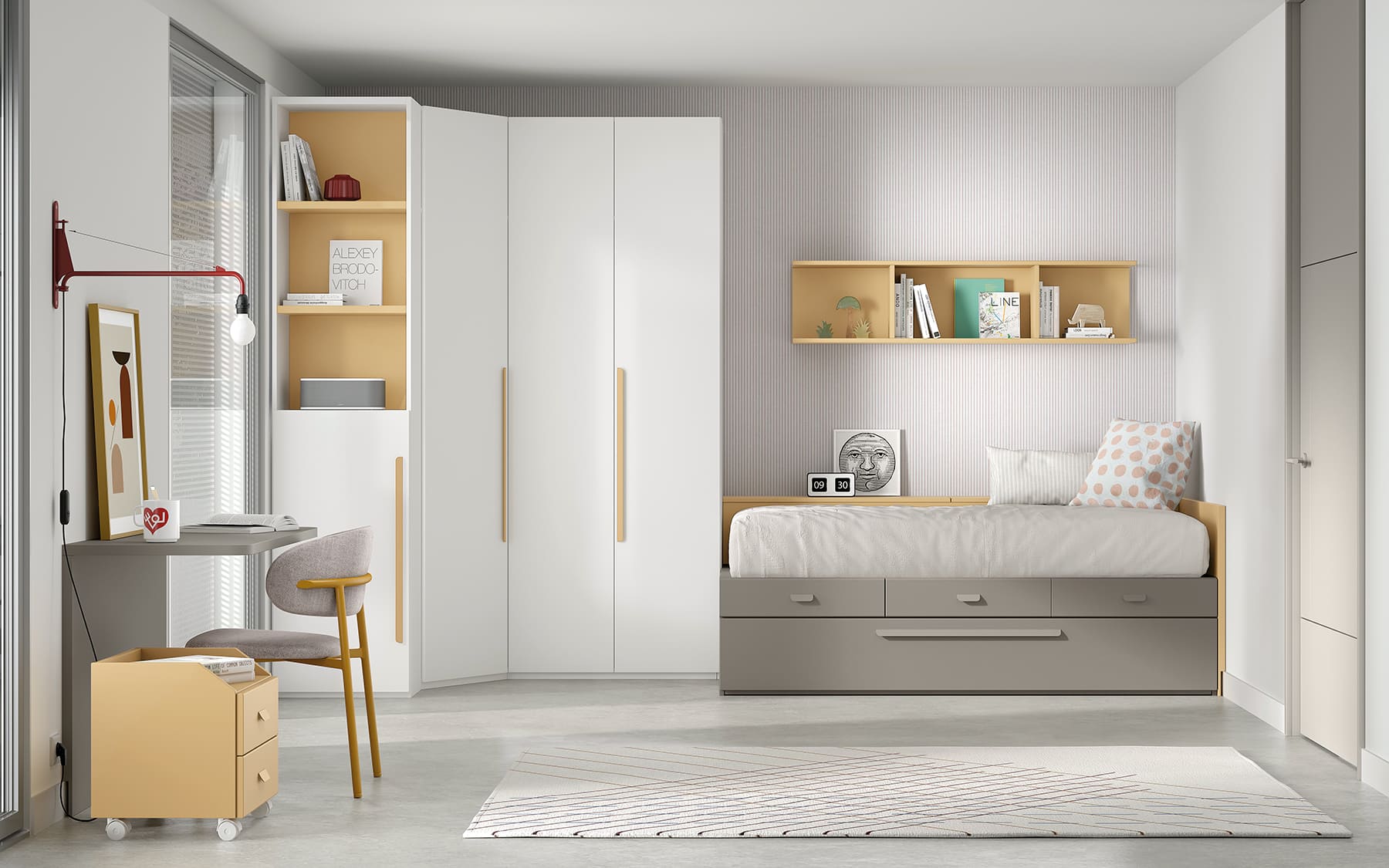 2. Práctico, moderno y con estilo: este dormitorio juvenil integra descanso, almacenaje y estudio en un solo espacio. Una propuesta fresca con acabados en colores Brisa, Caramelo y Piedra. armarios a medida