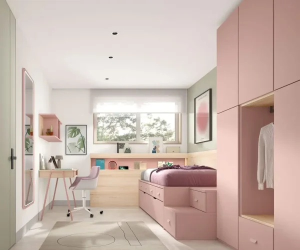 muebles a medida para habitaciones juveniles con cabecero, armario y cama nido en rosa
