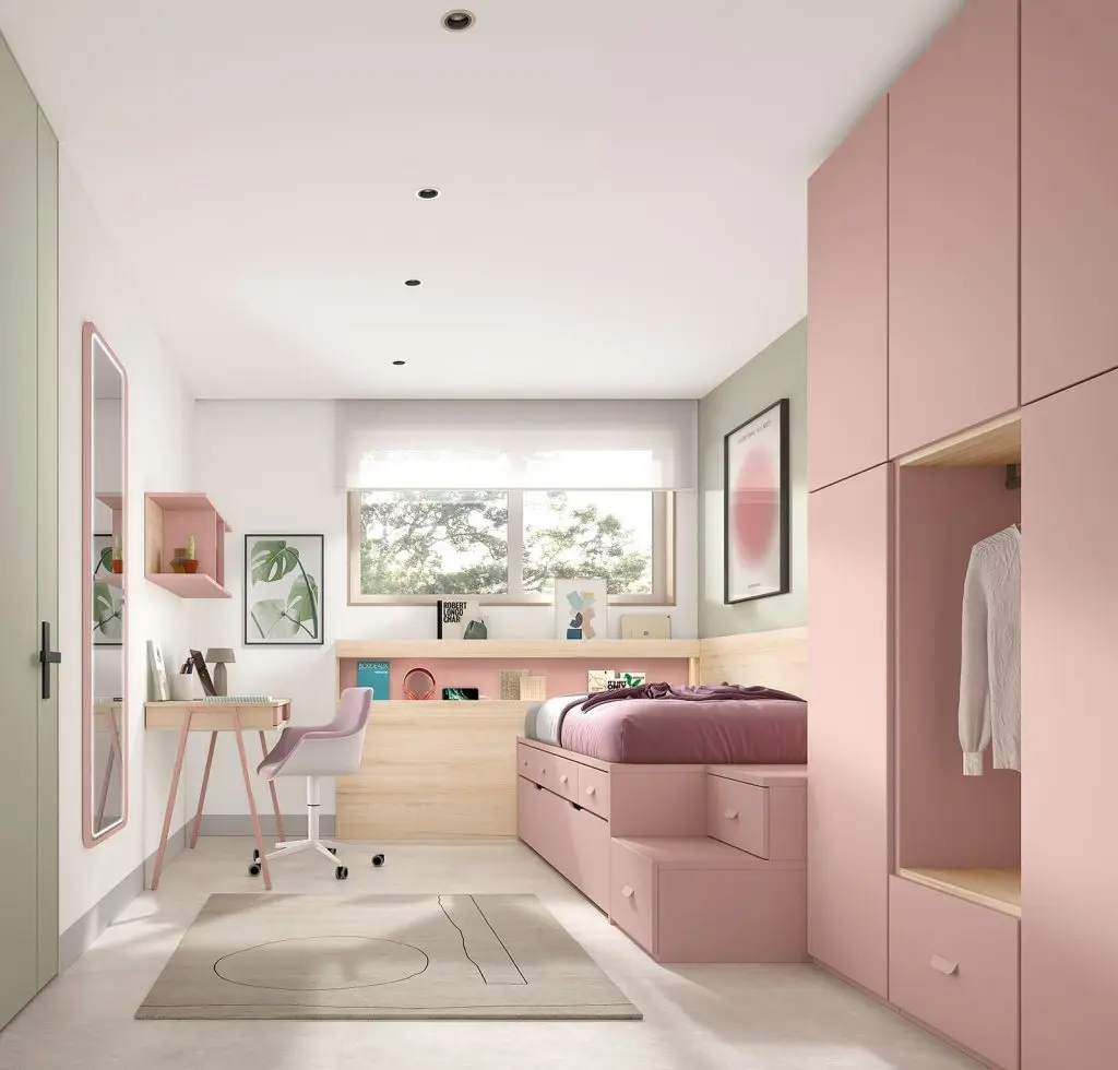 muebles a medida para habitaciones juveniles con cabecero, armario y cama nido en rosa