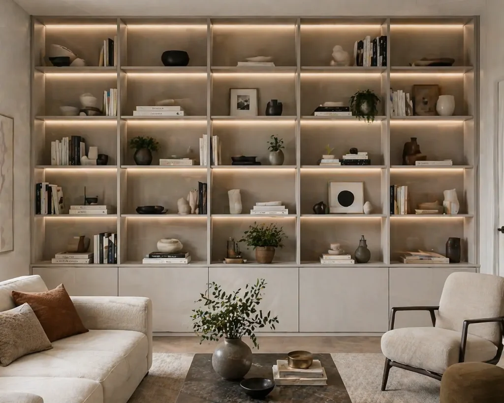 casa decor en estanterias en colores neutros para el salon
