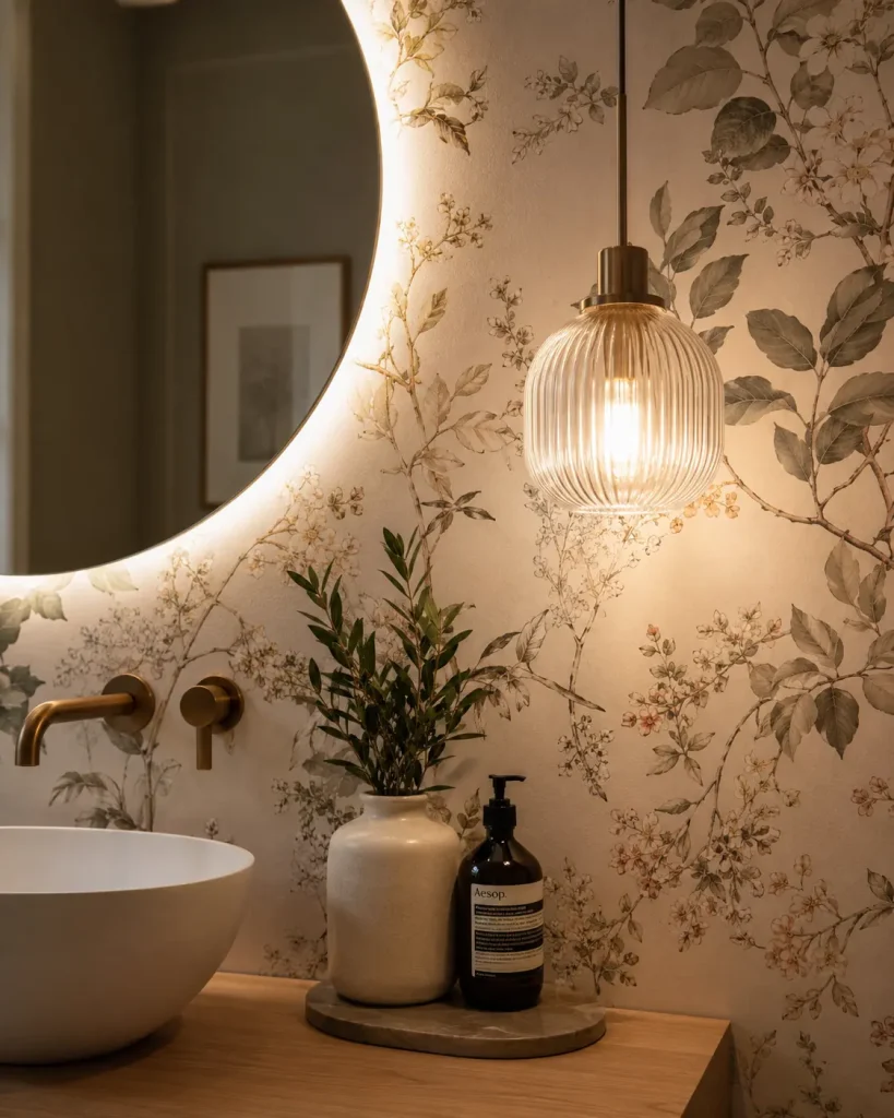 iluminacion en el bano Iluminacion en el baño con papel pintado como decoración